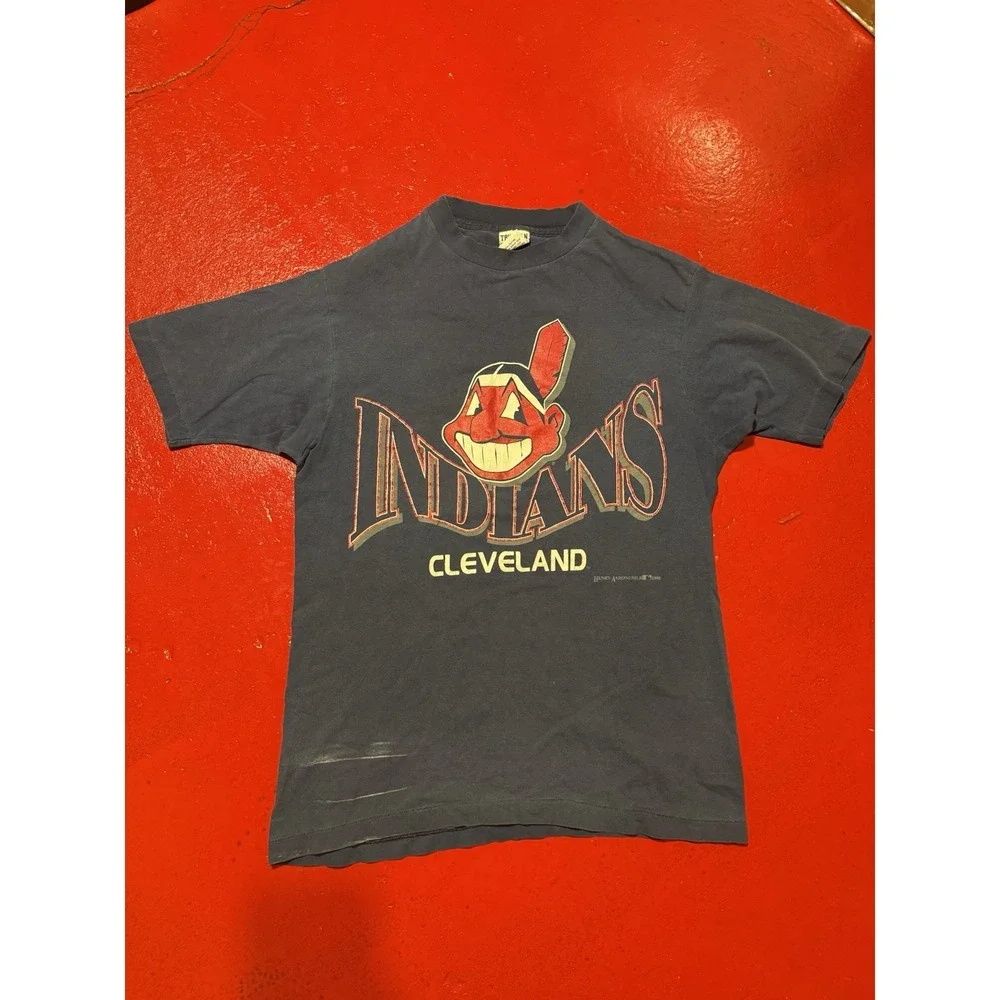 Vintage Cleveland Indians T Shirt Medium Navy 1995 Henry Aaron Chief Wahoo vtg